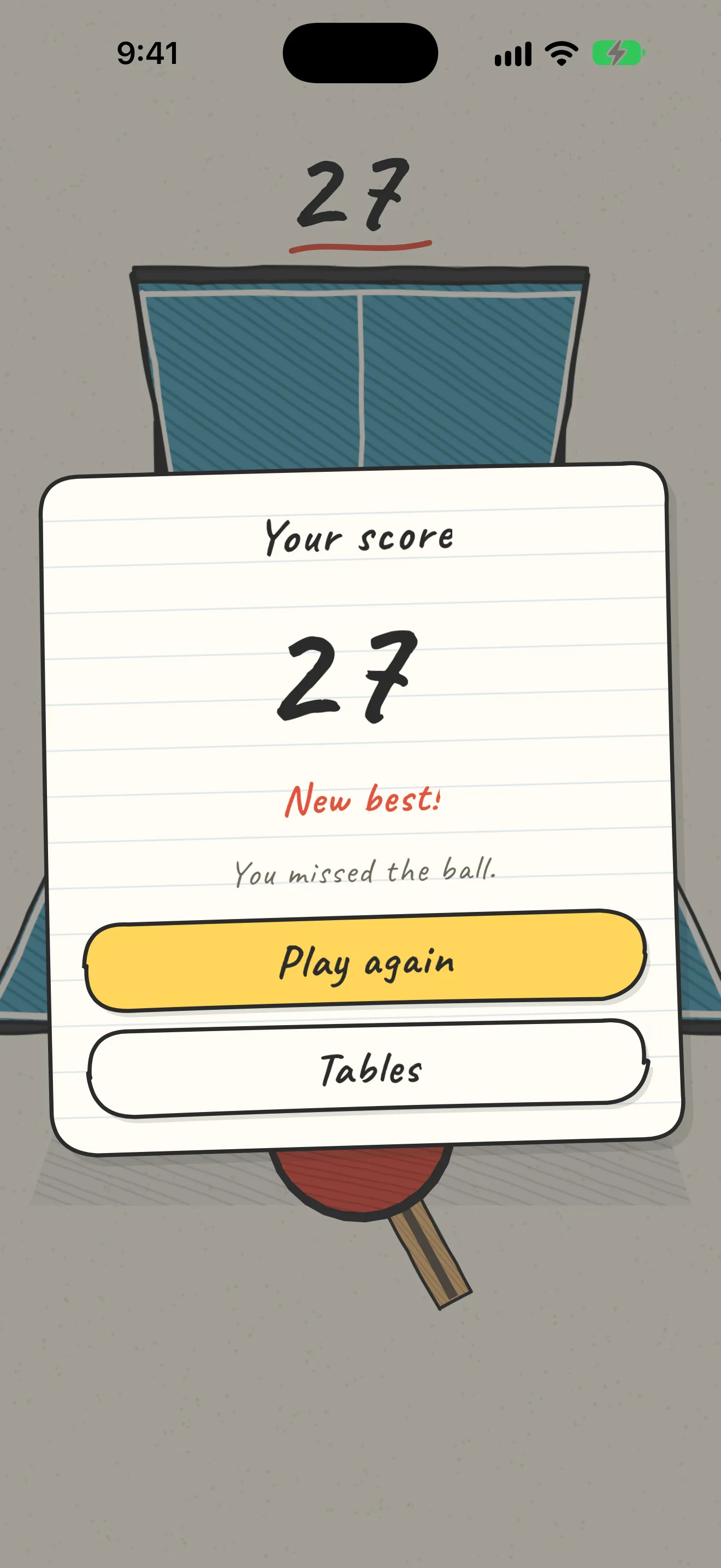 The game-over card: your score 27, a red "New best!", and Play again