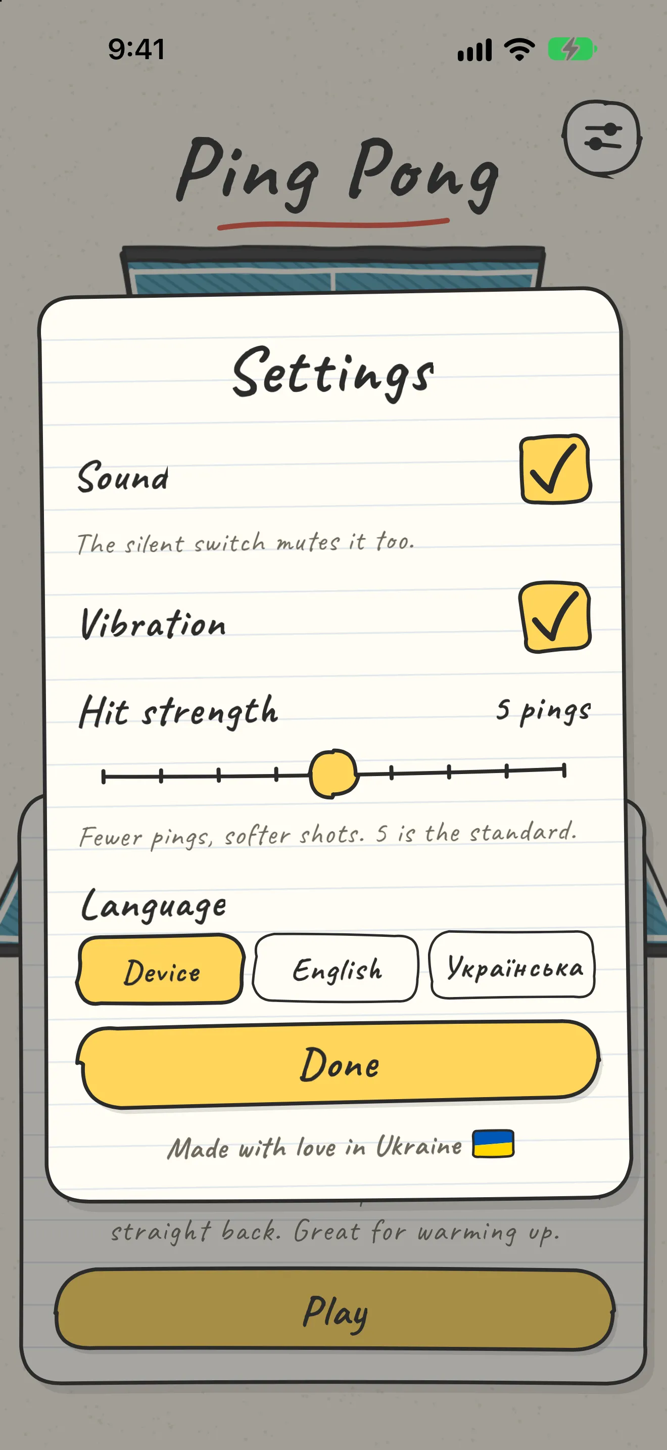The settings card: Sound, Vibration, Hit strength at 5 pings, and Language with Device, English and Українська