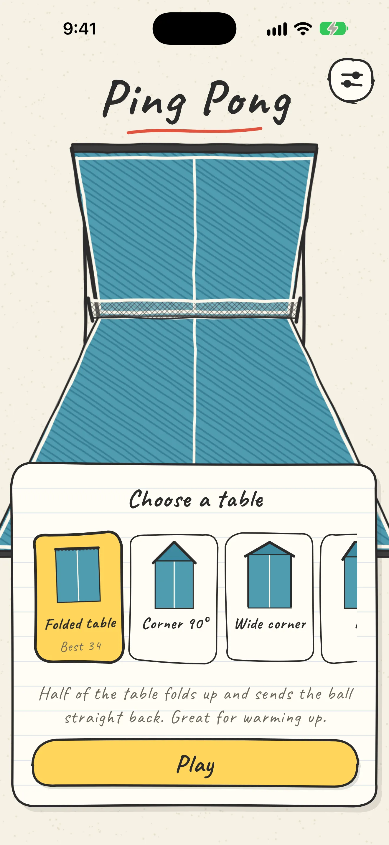 The start screen: Choose a table, with hand-drawn table cards and a yellow Play button